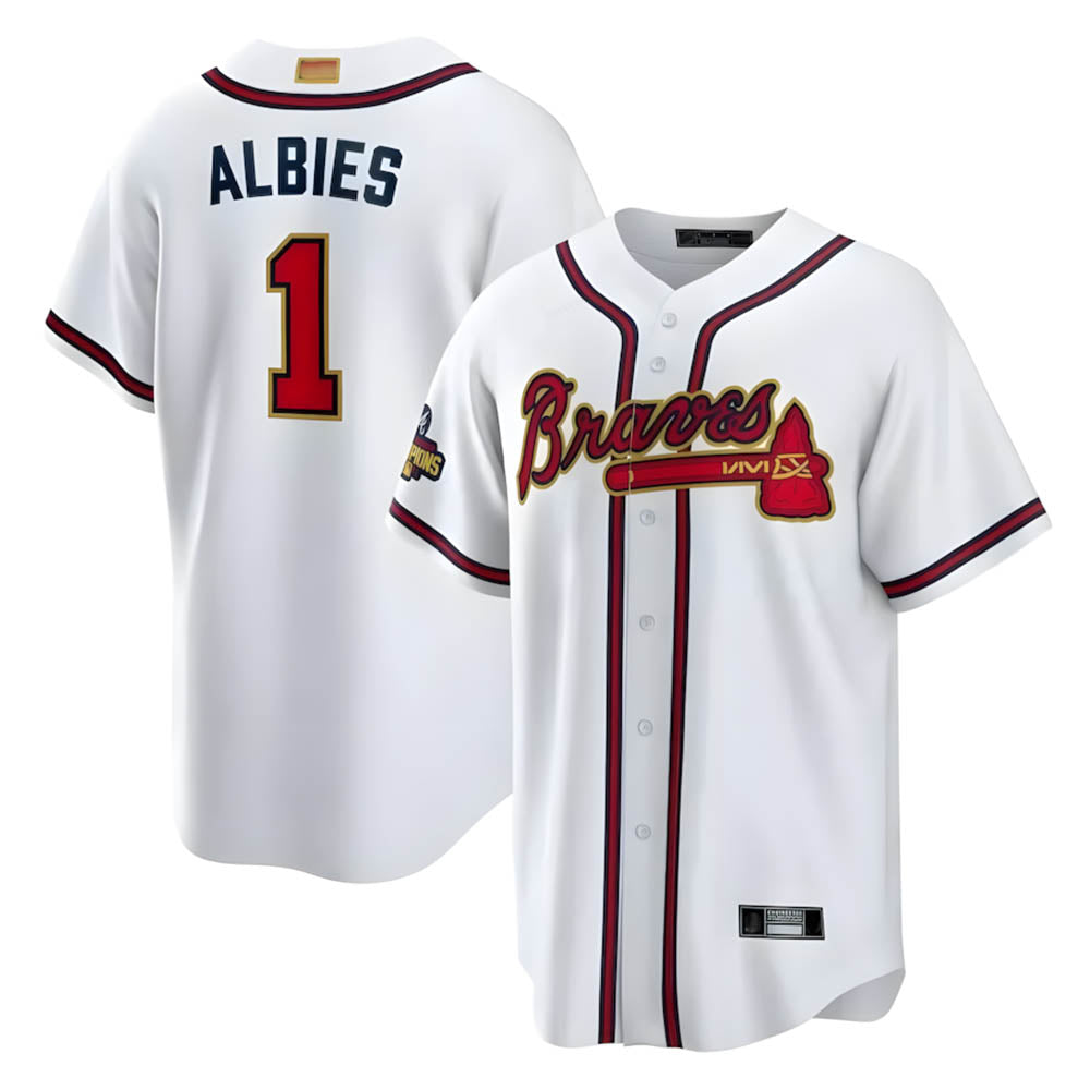 Crovyle A.Braves #1 Ozzie Albies Player White World Series Gold Program Stitched Jerseys