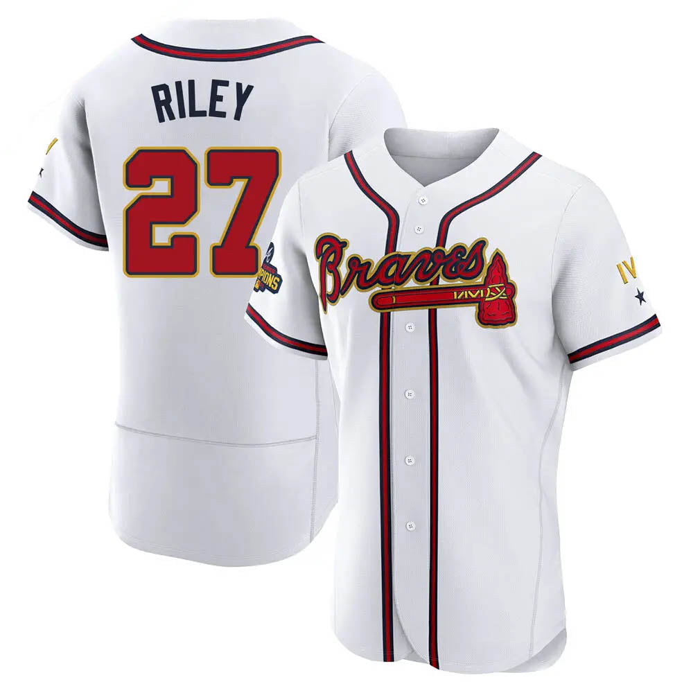 Crovyle A.Braves #27 Austin Riley Player White&Gold Authentic Program Stitched Jerseys