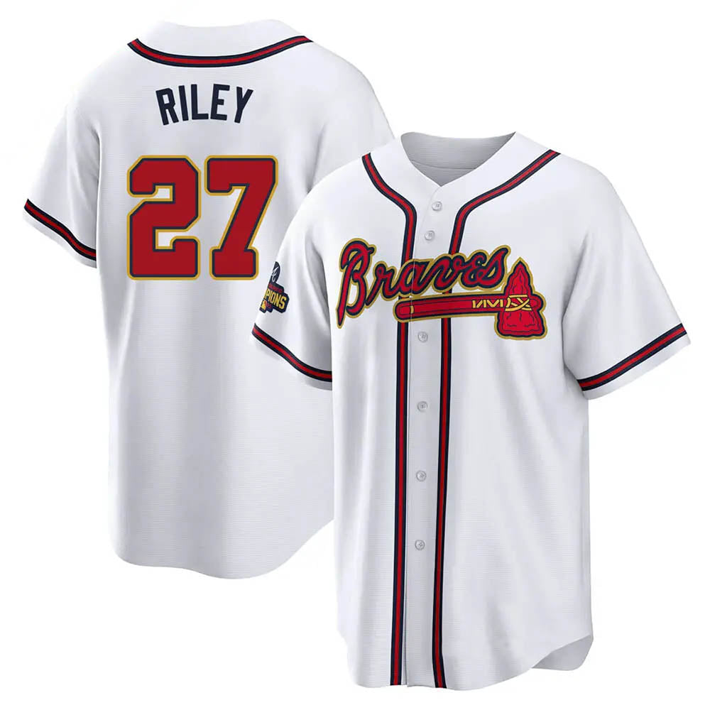 Crovyle A.Braves #27 Austin Riley Player White&Gold Replica Program Stitched Jerseys