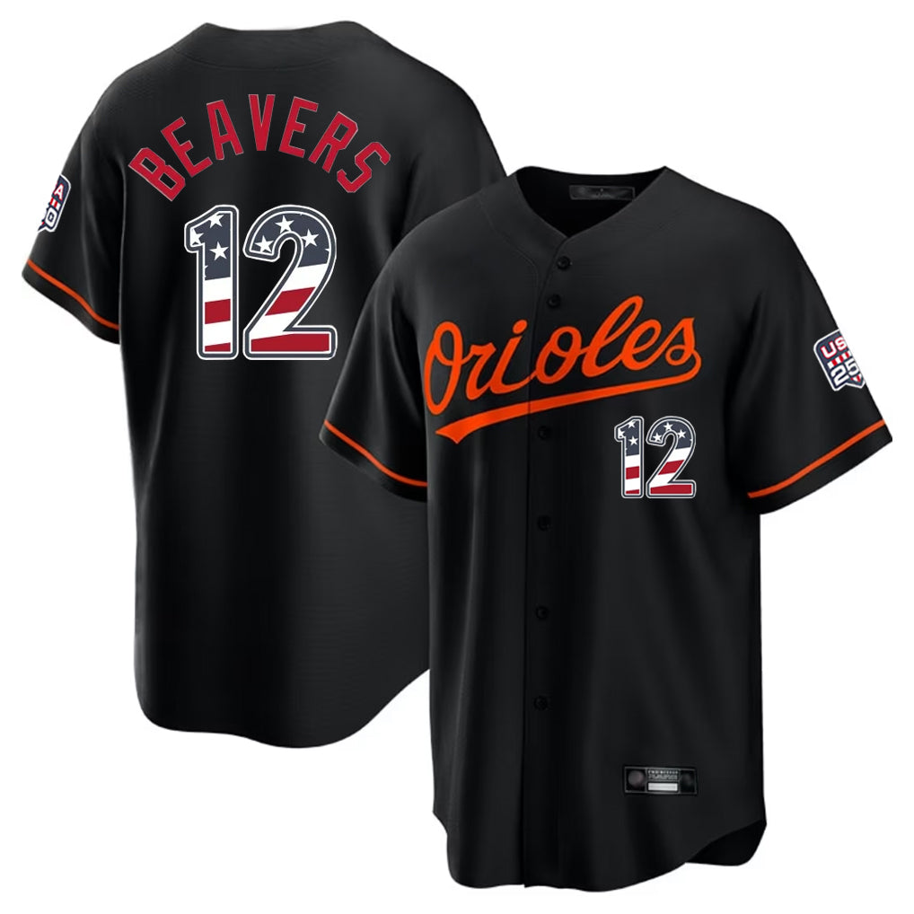 Crovyle B.Orioles #12 Dylan Beavers Player Black USA 250 Fourth of July Home Game Stitched Jerseys