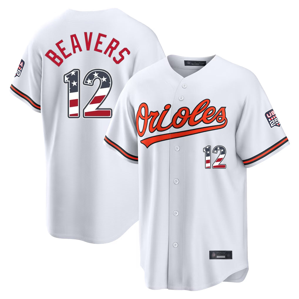 Crovyle B.Orioles #12 Dylan Beavers Player White USA 250 Fourth of July Home Game Stitched Jerseys