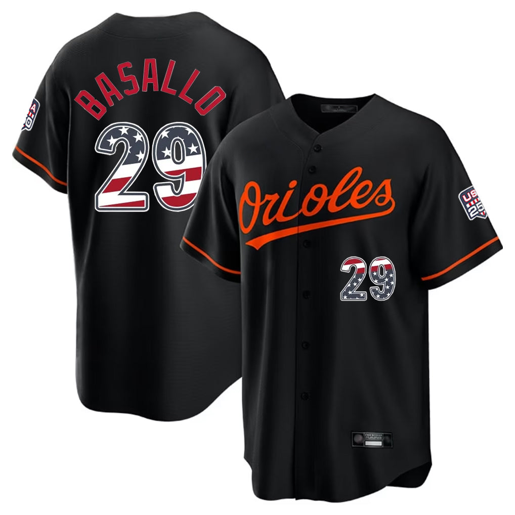 Crovyle B.Orioles #29 Samuel Basallo Player Black USA 250 Fourth of July Home Game Stitched Jerseys