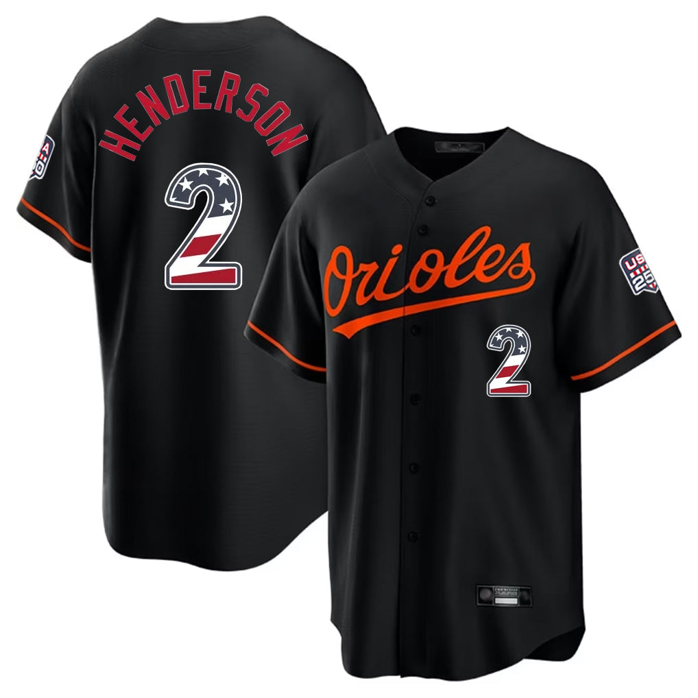 Crovyle B.Orioles #2 Gunnar Henderson Player Black USA 250 Fourth of July Home Game Stitched Jerseys