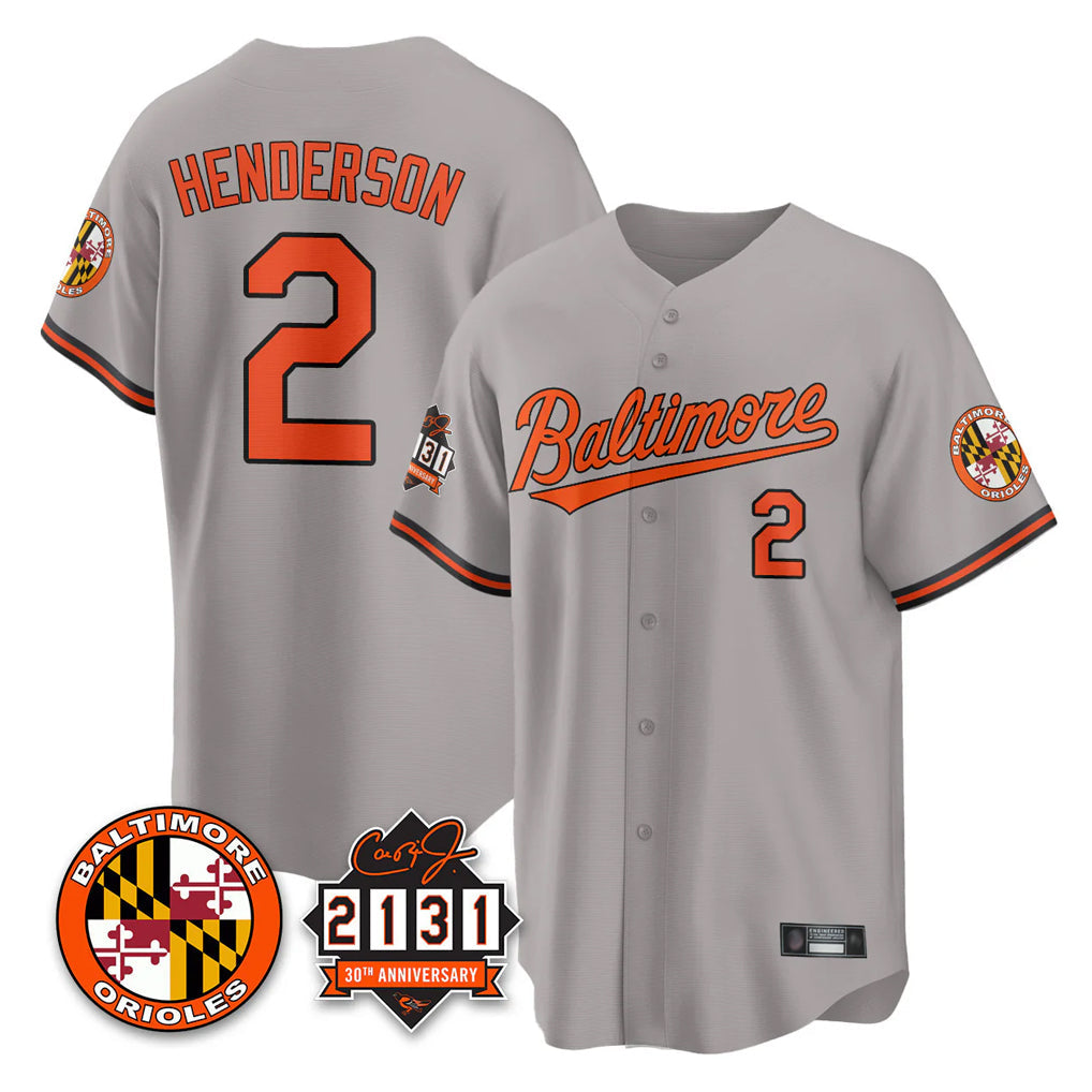 Crovyle B.Orioles #2 Gunnar Henderson Player Gray 30th Anniversary of 2131 Home Game Stitched Jerseys
