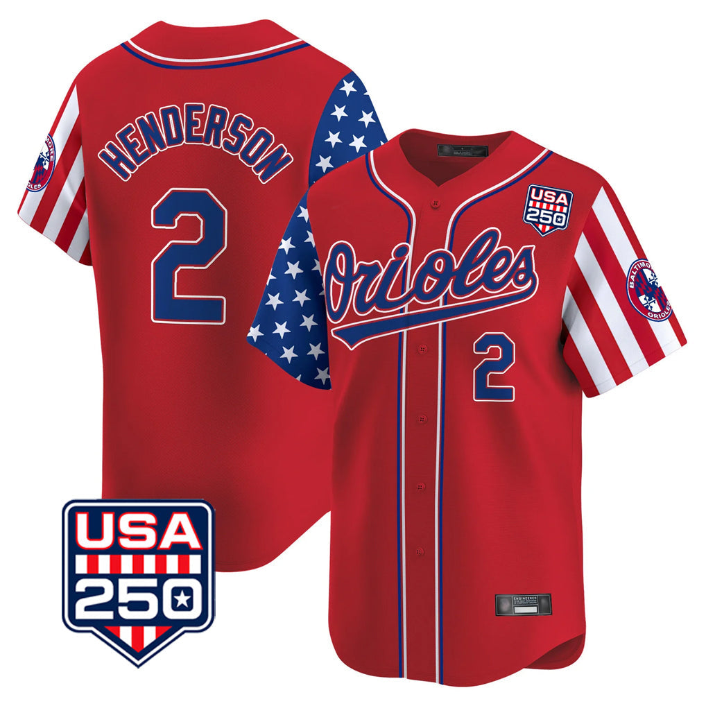 Crovyle B.Orioles #2 Gunnar Henderson Player Red USA 250 Independence Day Vapor Premier Limited Home Game Stitched Jerseys