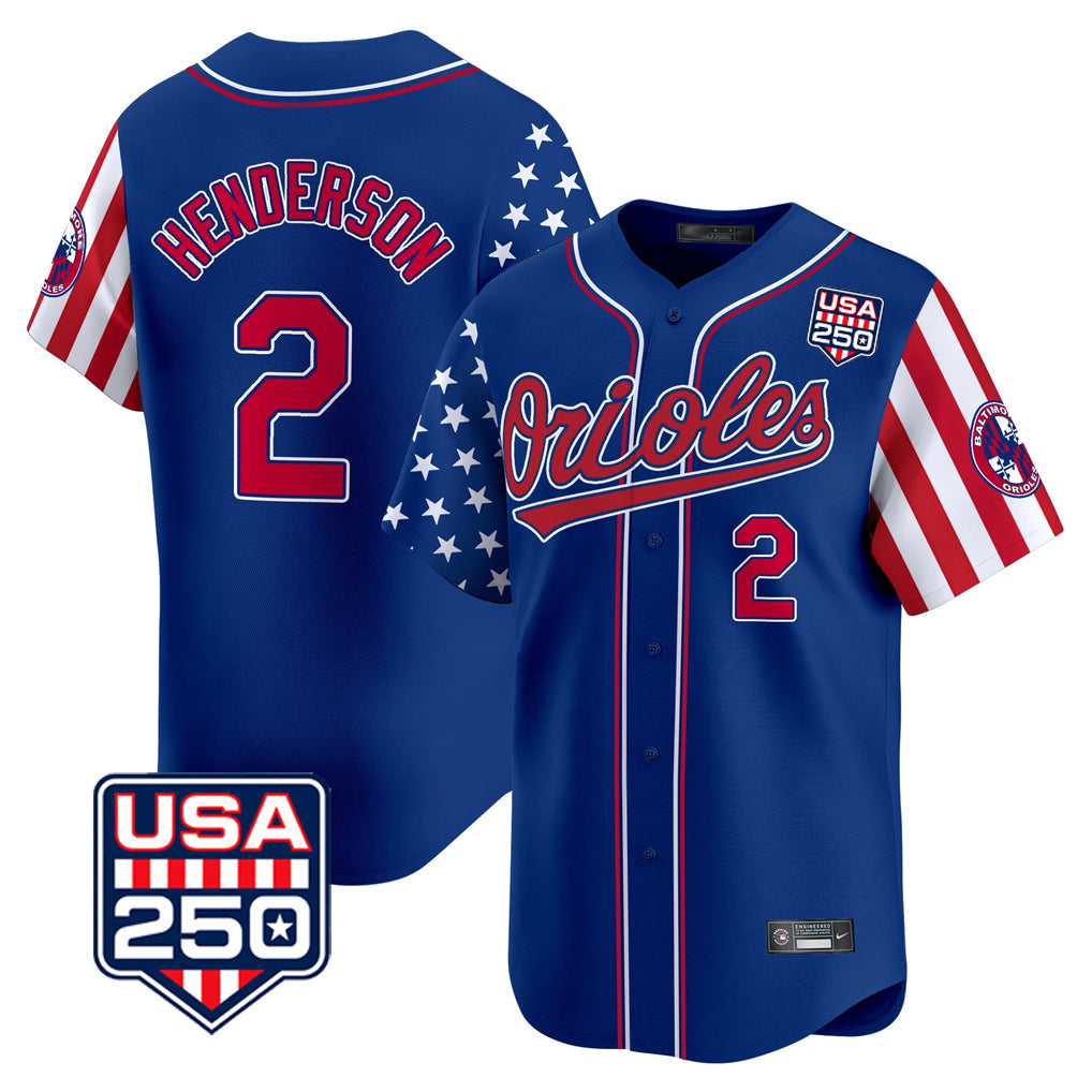 Crovyle B.Orioles #2 Gunnar Henderson Player Royal USA 250 Independence Day Vapor Premier Limited Home Game Stitched Jerseys