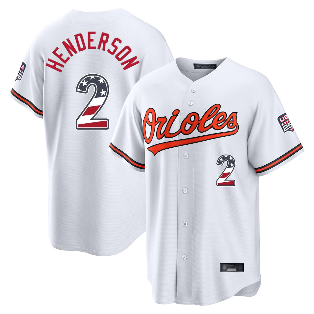 Crovyle B.Orioles #2 Gunnar Henderson Player White USA 250 Fourth of July Home Game Stitched Jerseys
