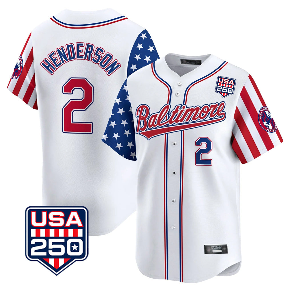 Crovyle B.Orioles #2 Gunnar Henderson Player White USA 250 Independence Day Vapor Premier Limited Home Game Stitched Jerseys