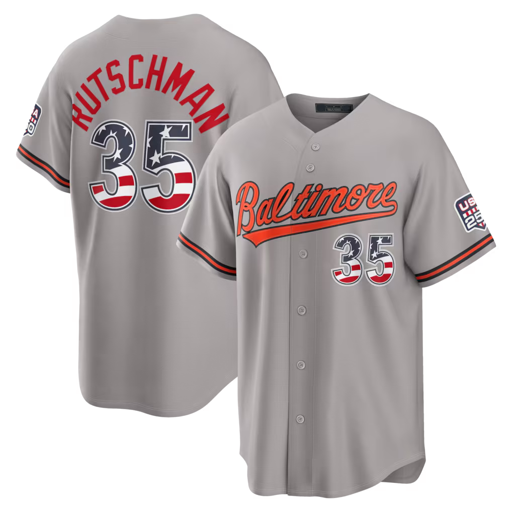 Crovyle B.Orioles #35 Adley Rutschman Gray USA 250 Fourth of July Road Stadium Jersey