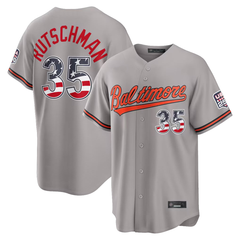 Crovyle B.Orioles #35 Adley Rutschman Gray USA 250 Fourth of July Home Game Stitched Jerseys