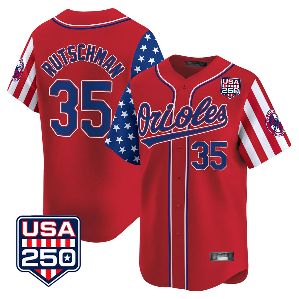 Crovyle B.Orioles #35 Adley Rutschman Red USA 250 Independence Day Vapor Premier Limited Home Game Stitched Jerseys