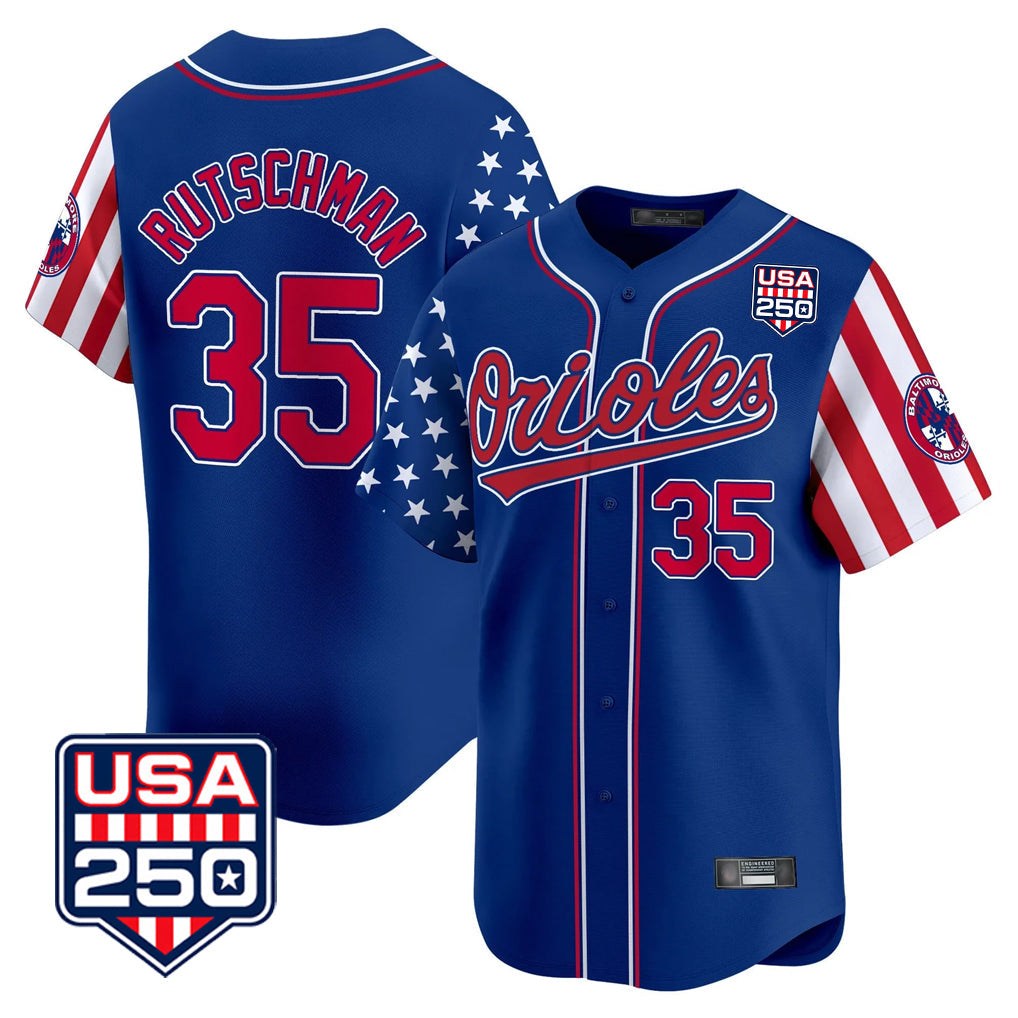 Crovyle B.Orioles #35 Adley Rutschman Royal USA 250 Independence Day Vapor Premier Limited Home Game Stitched Jerseys