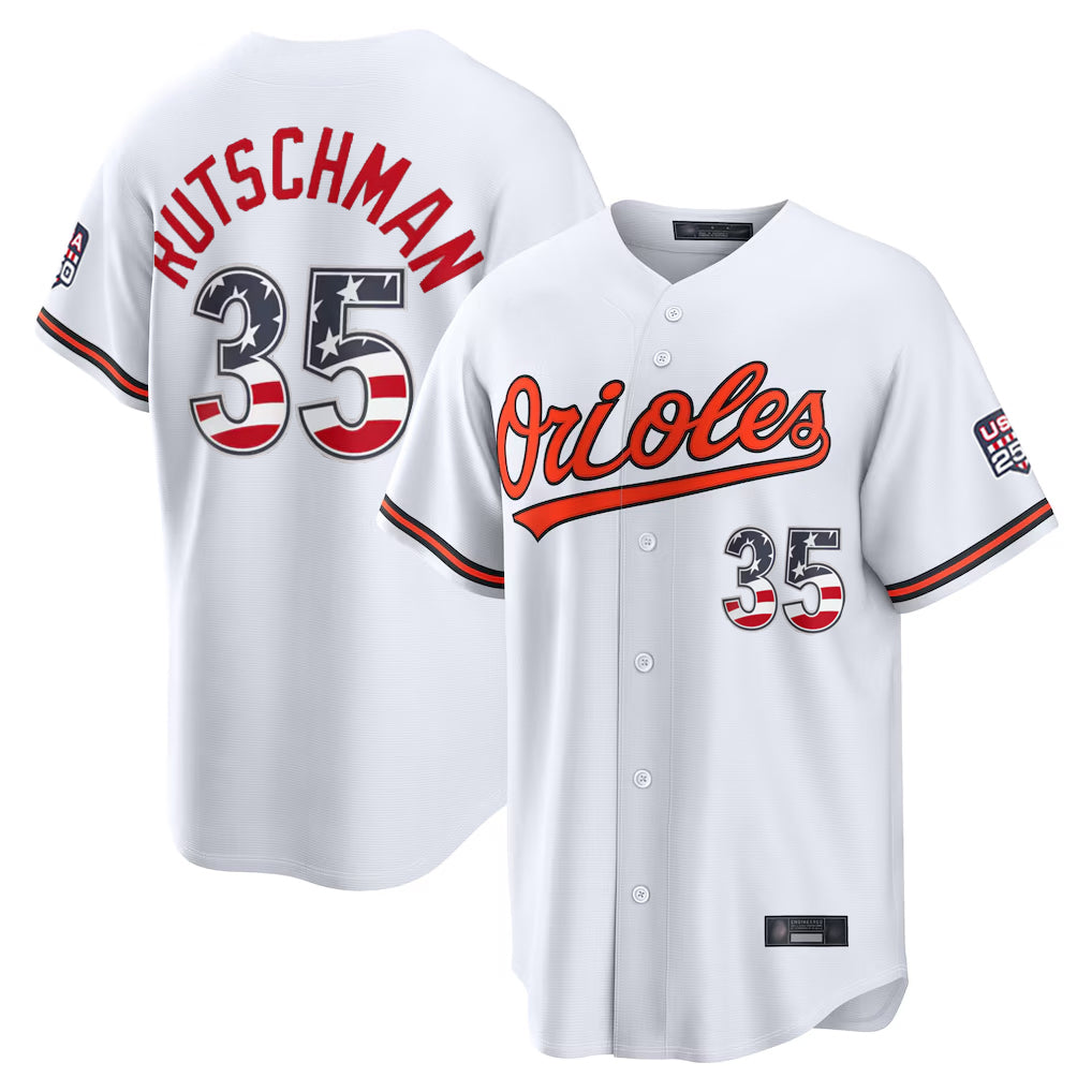 Crovyle B.Orioles #35 Adley Rutschman White USA 250 Fourth of July Home Game Stitched Jerseys