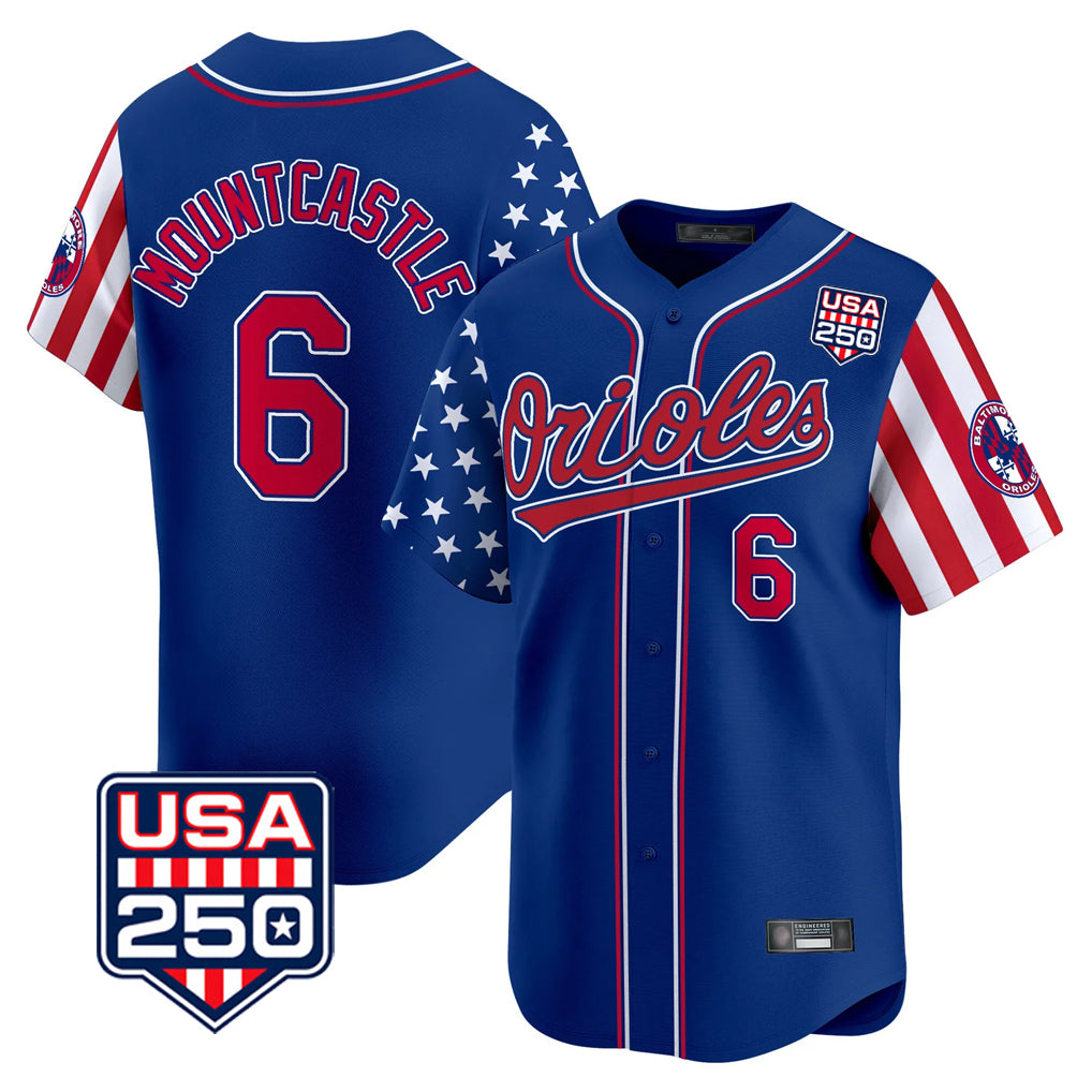 Crovyle B.Orioles #6 Ryan Mountcastle Player Royal USA 250 Independence Day Vapor Premier Limited Home Game Stitched Jerseys