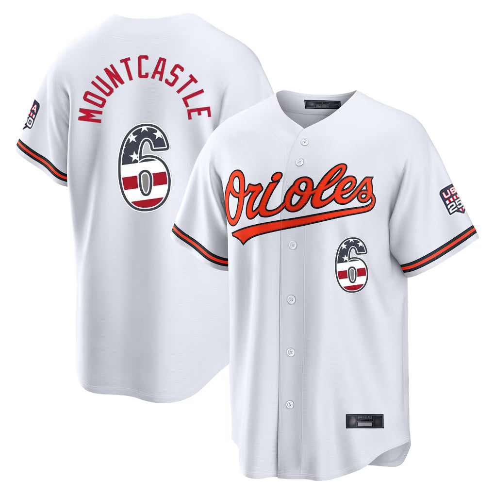 Crovyle B.Orioles #6 Ryan Mountcastle Player White USA 250 Fourth of July Home Game Stitched Jerseys