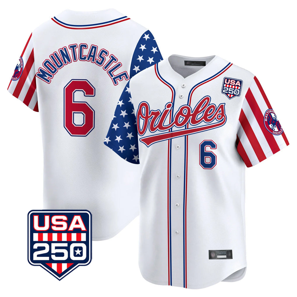 Crovyle B.Orioles #6 Ryan Mountcastle Player White USA 250 Independence Day Vapor Premier Home Game Stitched Jerseys