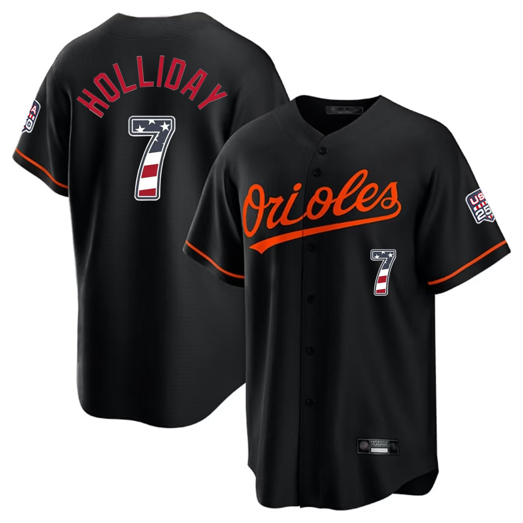 Crovyle B.Orioles #7 Jackson Holliday Player Black USA 250 Fourth of July Home Game Stitched Jerseys