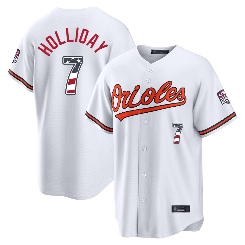 Crovyle B.Orioles #7 Jackson Holliday Player White USA 250 Fourth of July Home Game Stitched Jerseys