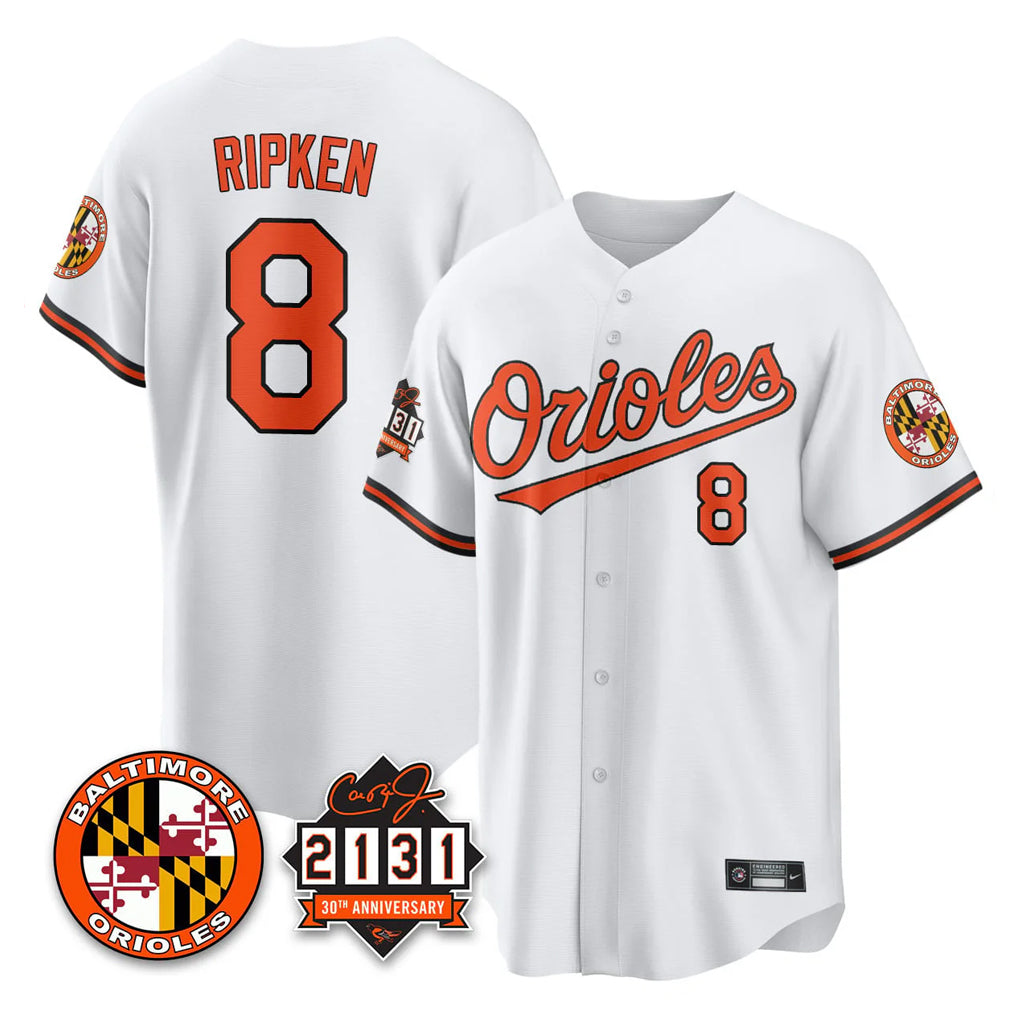 Crovyle B.Orioles #8 Cal Ripken Player White 30th Anniversary of 2131 Home Game Stitched Jerseys