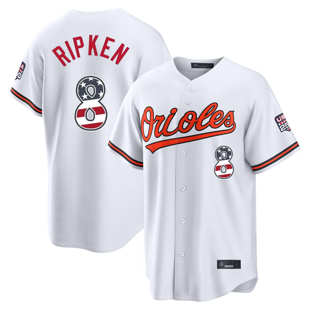 Crovyle B.Orioles #8 Cal Ripken Player White USA 250 Fourth of July Home Game Stitched Jerseys