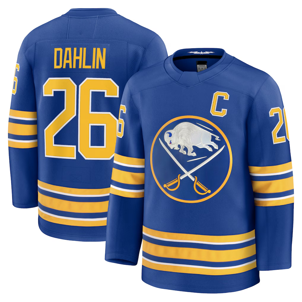 Crovyle B.Sabres #26 Rasmus Dahlin Royal Premium with Captain's Patch Stitched Jerseys