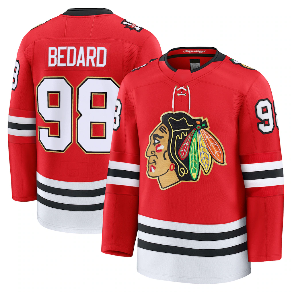 Crovyle C.Blackhawks #98 Connor Bedard Red Centennial Premium Player Jerseys