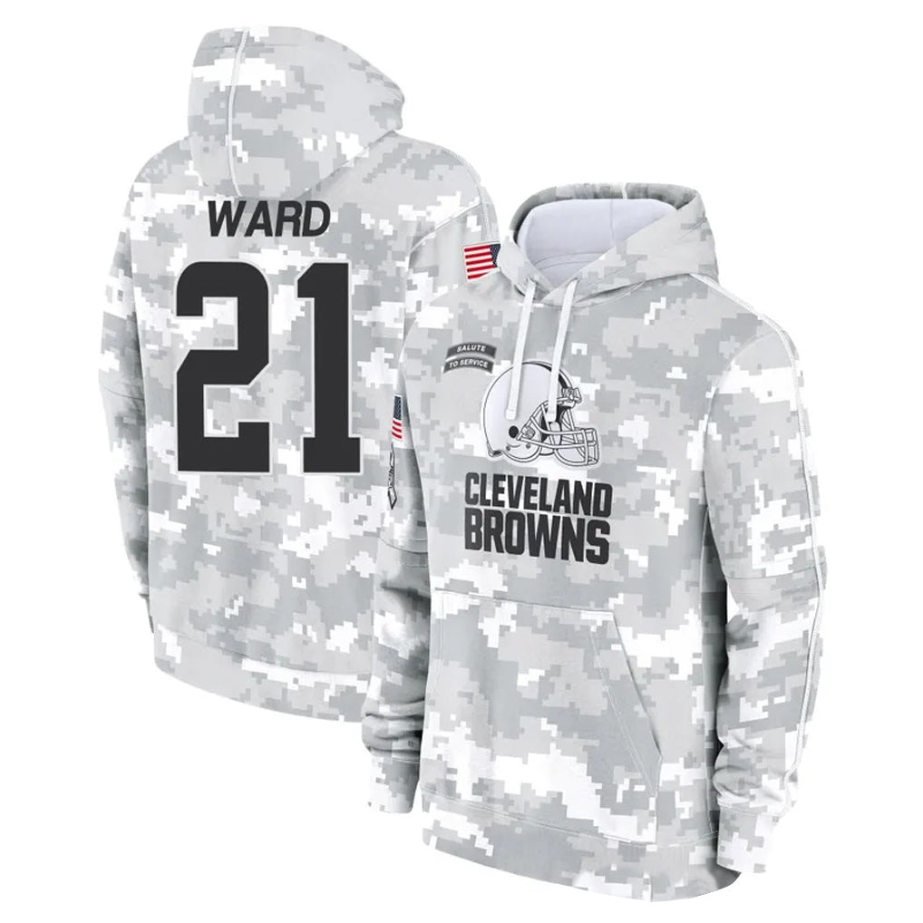 Crovyle C.Browns #21 Denzel Ward Player Arctic Camo Salute to Service Hoodies Limited Game Stitched Jerseys