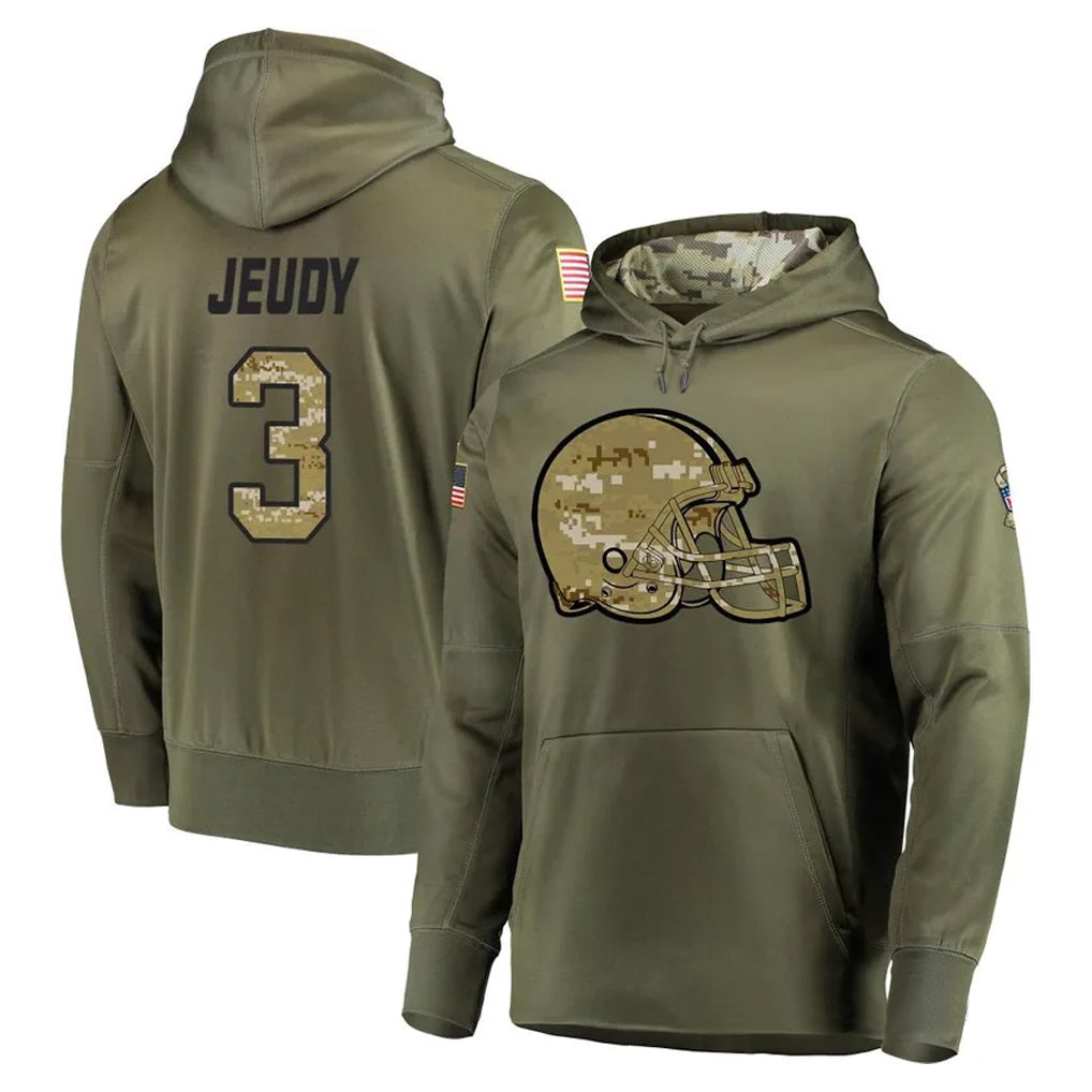 Crovyle C.Browns #3 Jerry Jeudy Player Olive Salute to Service Pullover Hoodies Home Game Stitched Jerseys