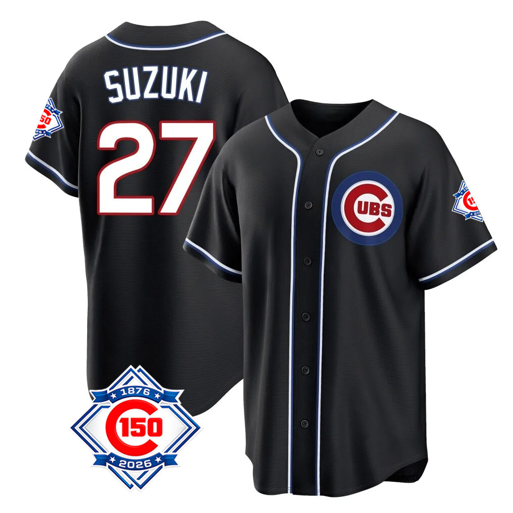 Crovyle C.Cubs #27 Seiya Suzuki Player Black Fashion Out 150th Anniversary Game Stitched Jerseys