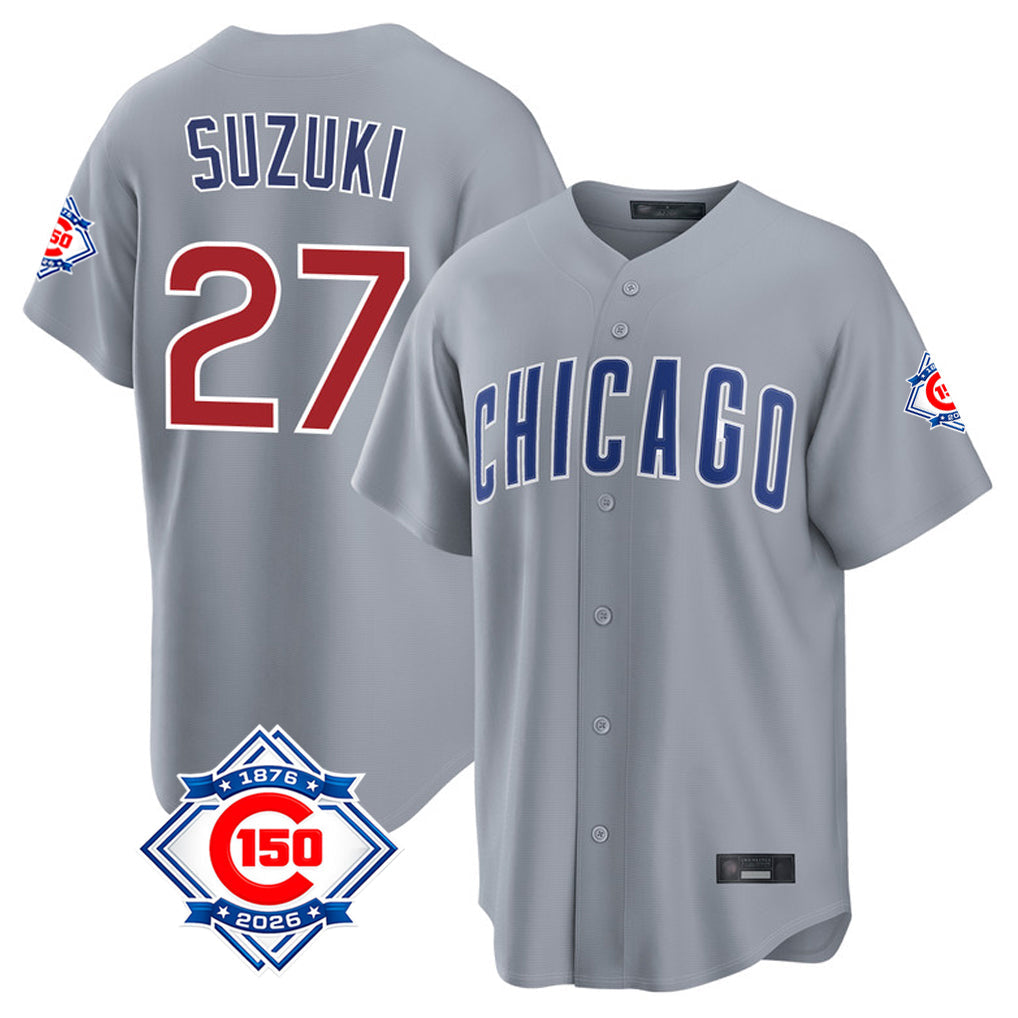 Crovyle C.Cubs #27 Seiya Suzuki Player Gray 150th Anniversary Home Game Stitched Jerseys