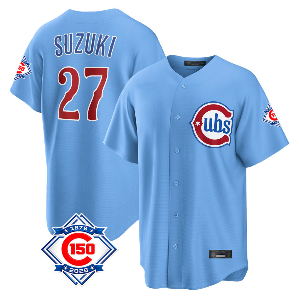 Crovyle C.Cubs #27 Seiya Suzuki Player Light Blue 150th Anniversary Home Game Stitched Jerseys