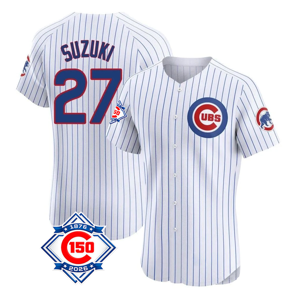 Crovyle C.Cubs #27 Seiya Suzuki Player White 150th Anniversary Limited Elite Home Game Stitched Jerseys