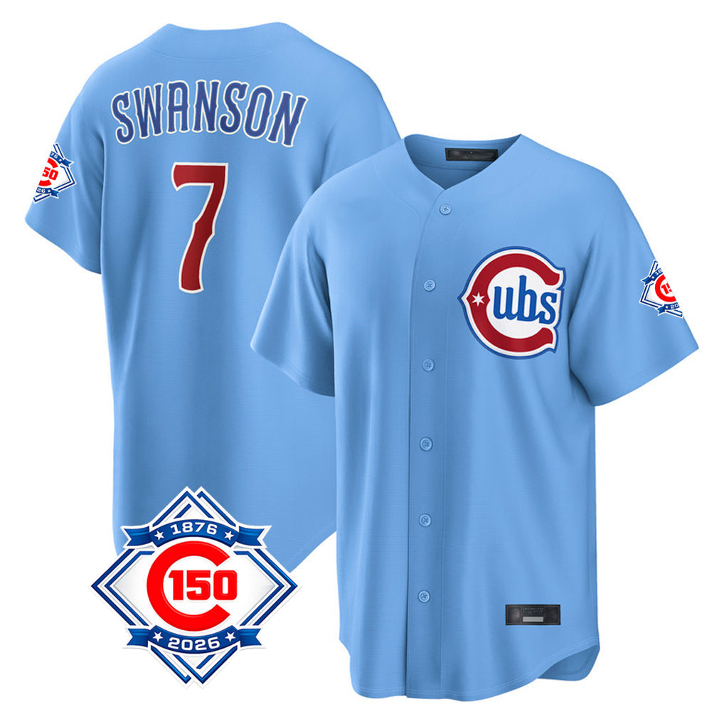 Crovyle C.Cubs #7 Dansby Swanson Player Light Blue 150th Anniversary Home Game Stitched Jerseys