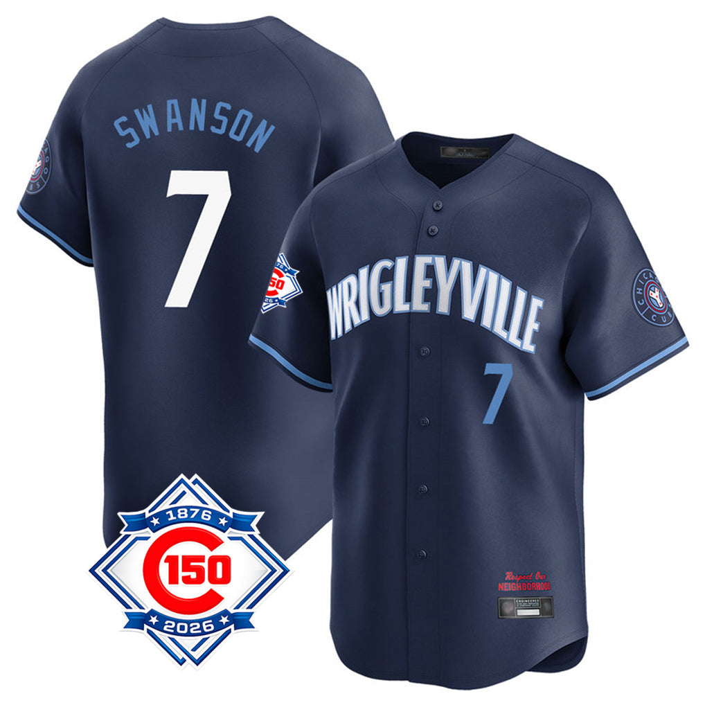 Crovyle C.Cubs #7 Dansby Swanson Player Navy City Connect 150th Anniversary Limited Home Stitched Jerseys