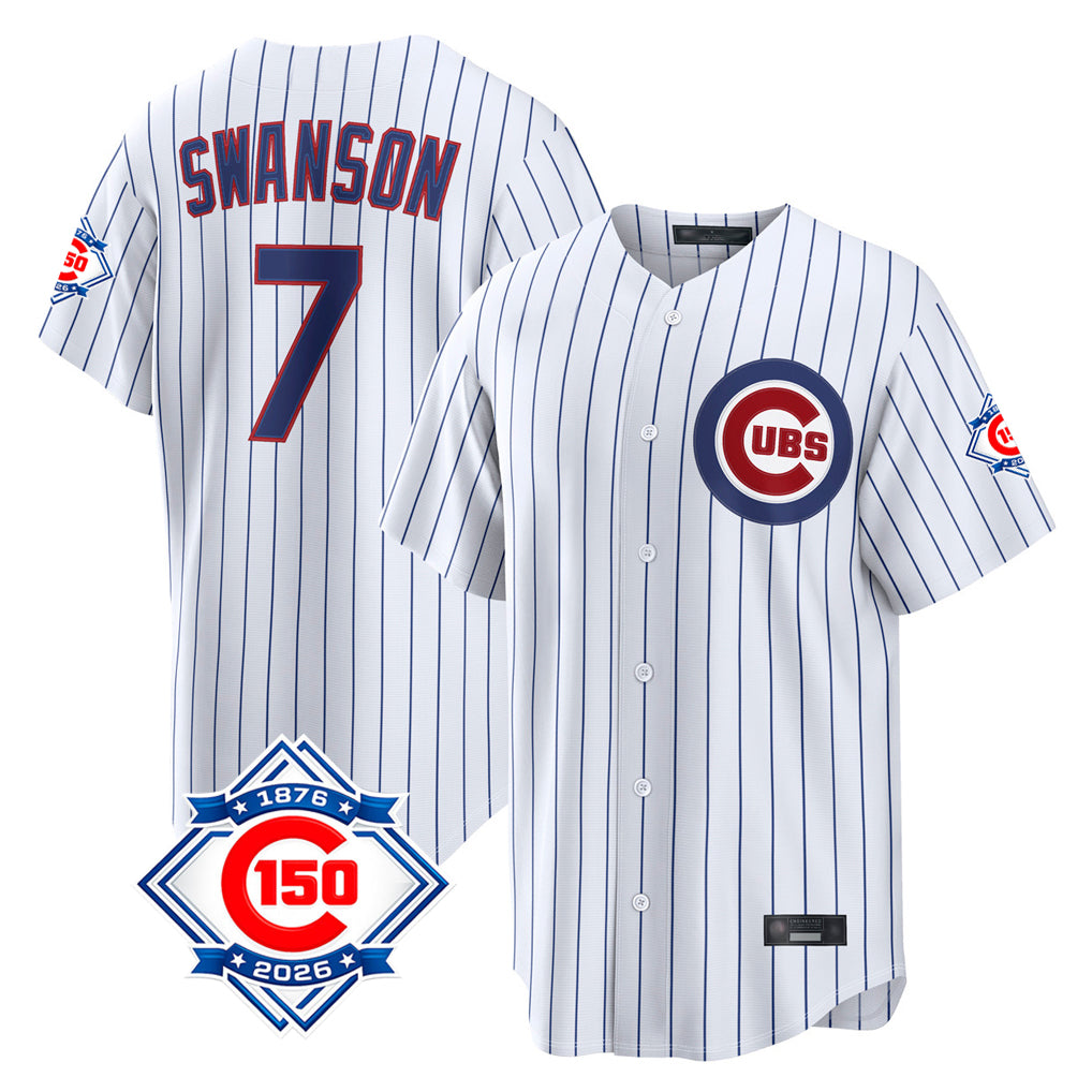 Crovyle C.Cubs #7 Dansby Swanson Player White 150th Anniversary Game Home Stitched Jerseys