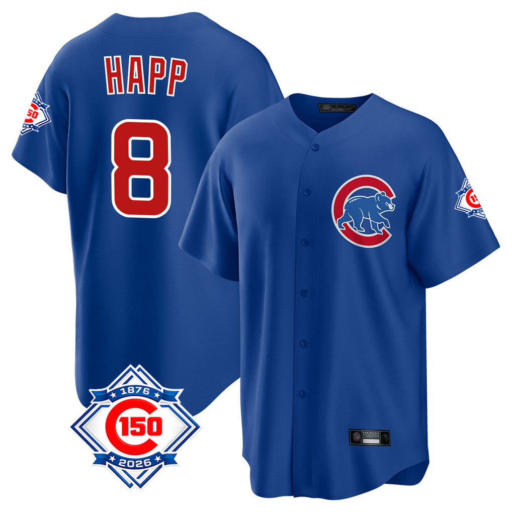 Crovyle C.Cubs #8 Ian Happ Player Royal 150th Anniversary Home Game Stitched Jerseys