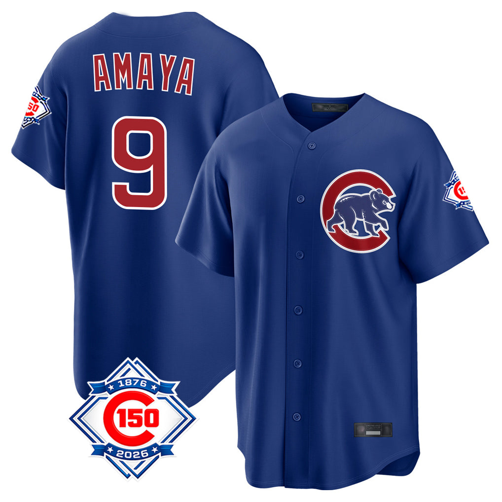 Crovyle C.Cubs #9 Miguel Amaya Player Royal 150th Anniversary Home Game Stitched Jerseys