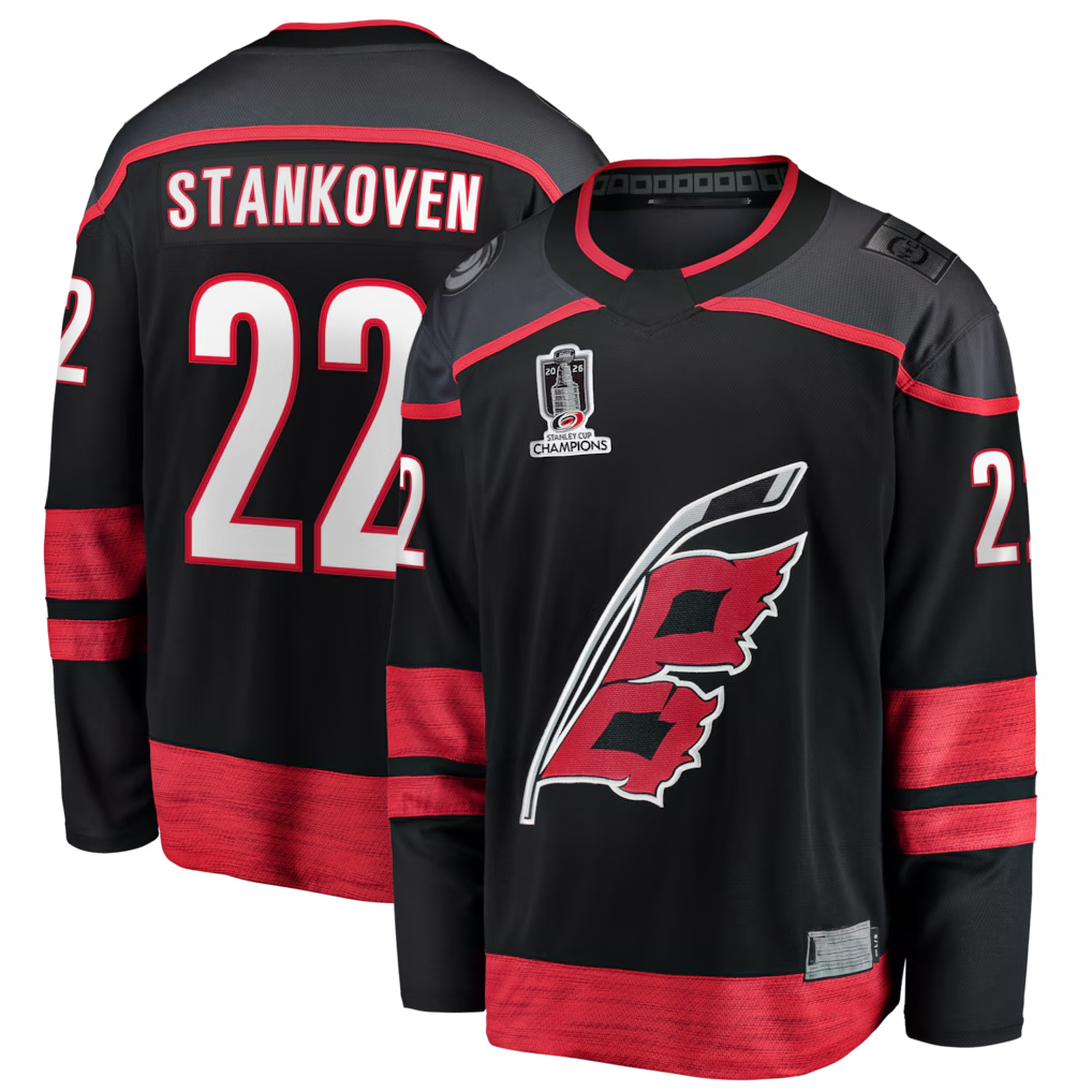 Crovyle C.Hurricanes #22 Logan Stankoven Black 2026 Stanley Cup Champions Home Breakaway Stitched Jerseys