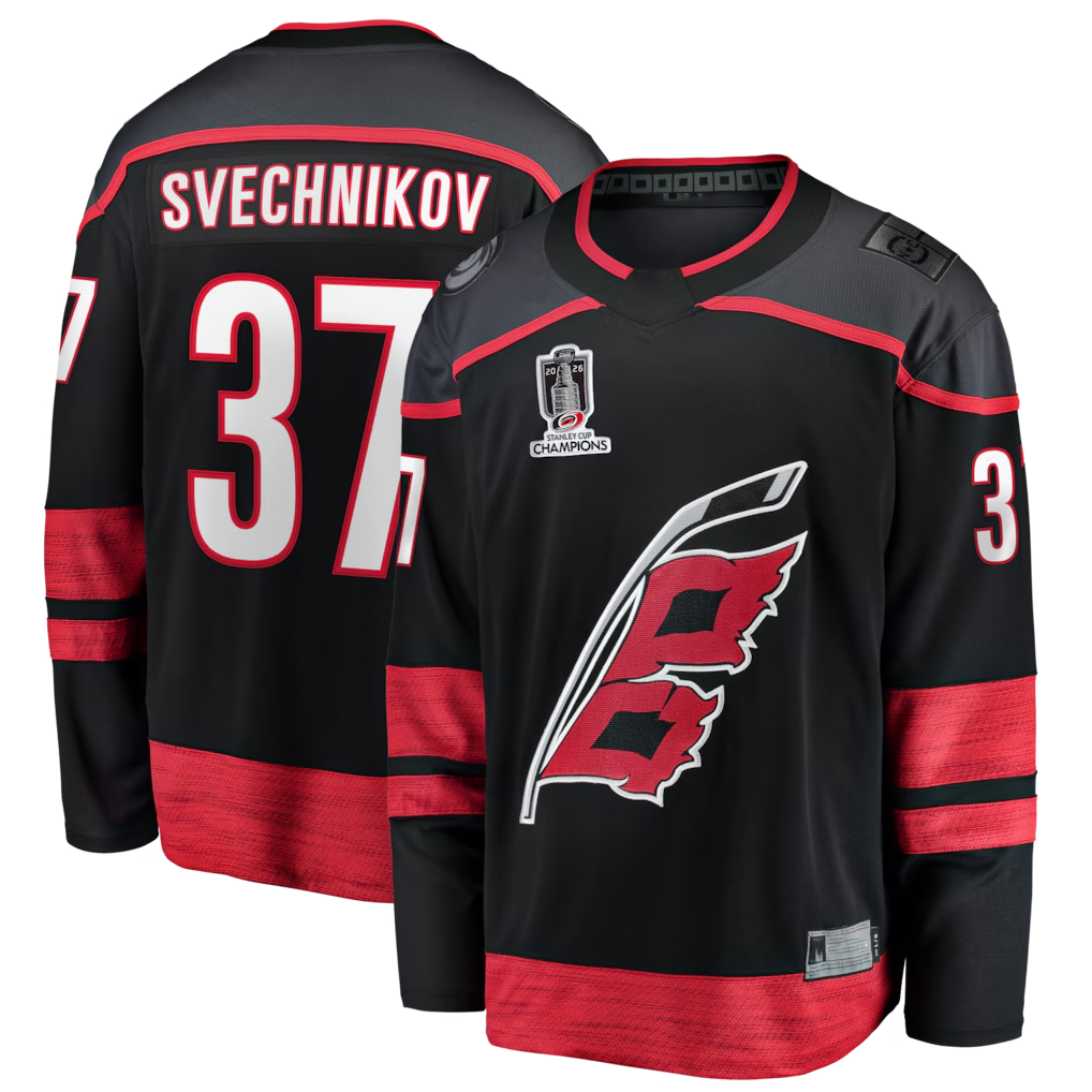 Crovyle C.Hurricanes #37 Andrei Svechnikov Black 2026 Stanley Cup Champions Home Breakaway Stitched Jerseys