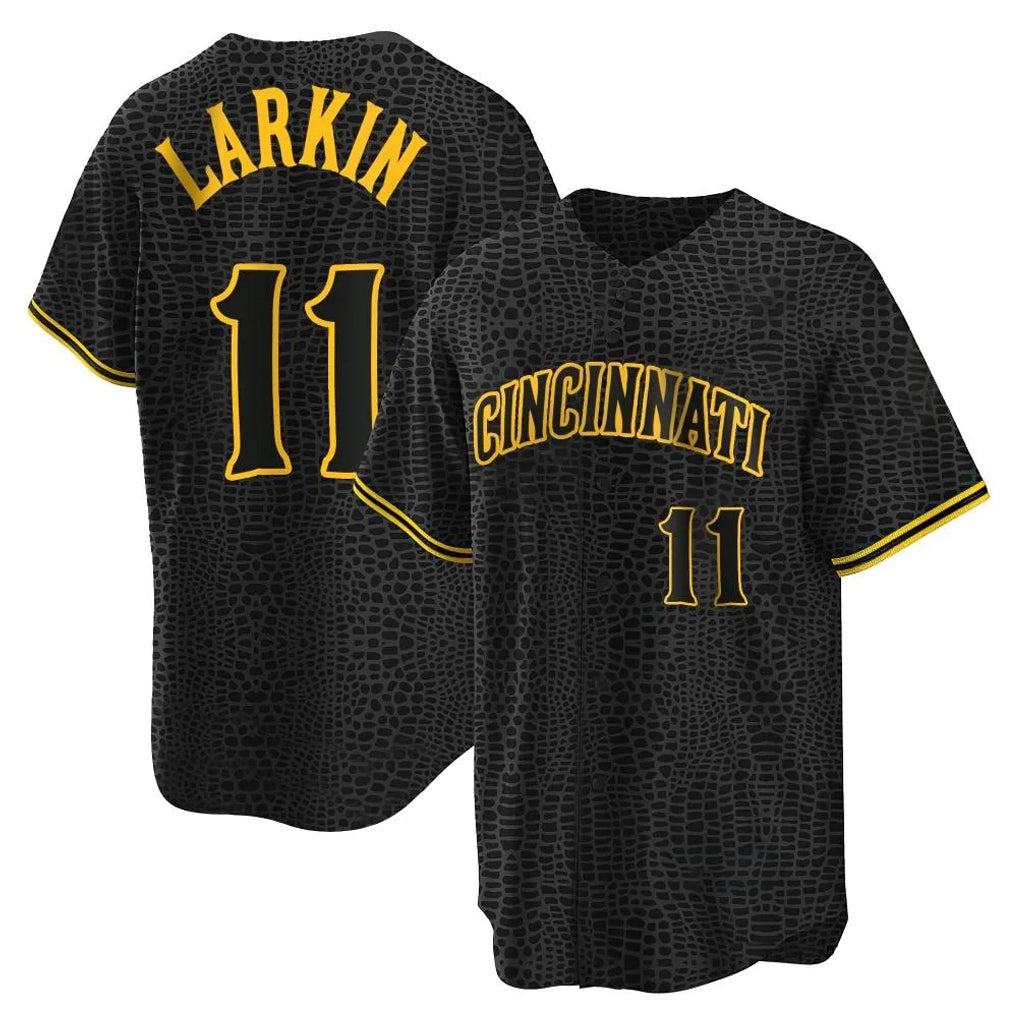 Crovyle C.Reds #11 Barry Larkin Player Black Snake Skin City Home Stitched Jerseys