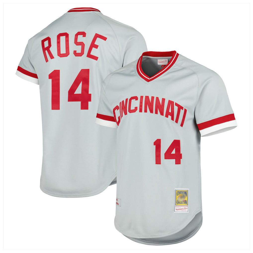 Crovyle C.Reds #14 Pete Rose Player Mitchell & Ness Gray Throwback Cooperstown Mesh T-shirt Game Stitched Jerseys