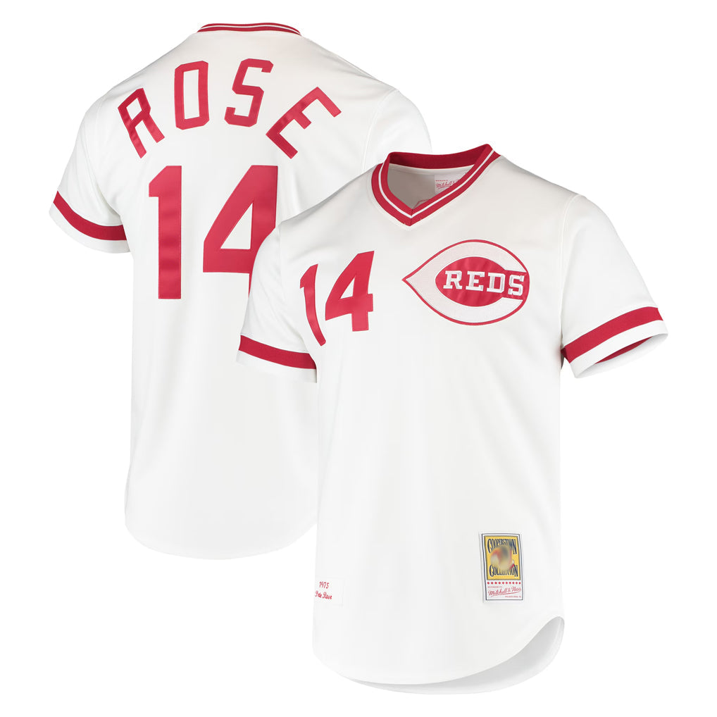 Crovyle C.Reds #14 Pete Rose Player Mitchell & Ness White Throwback Cooperstown Mesh T-shirt Game Stitched Jerseys