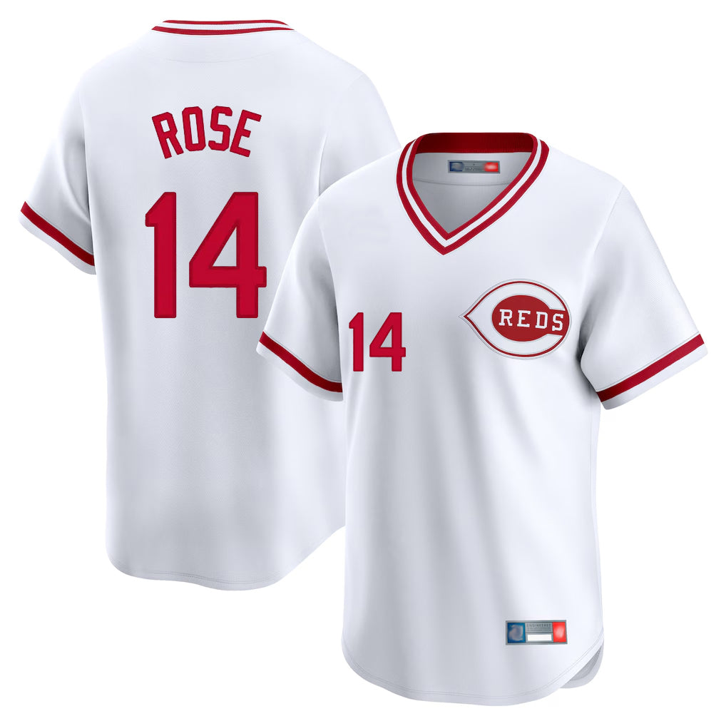 Crovyle C.Reds #14 Pete Rose Player White Cooperstown Collection Limited T-shirt Home Stitched Jerseys