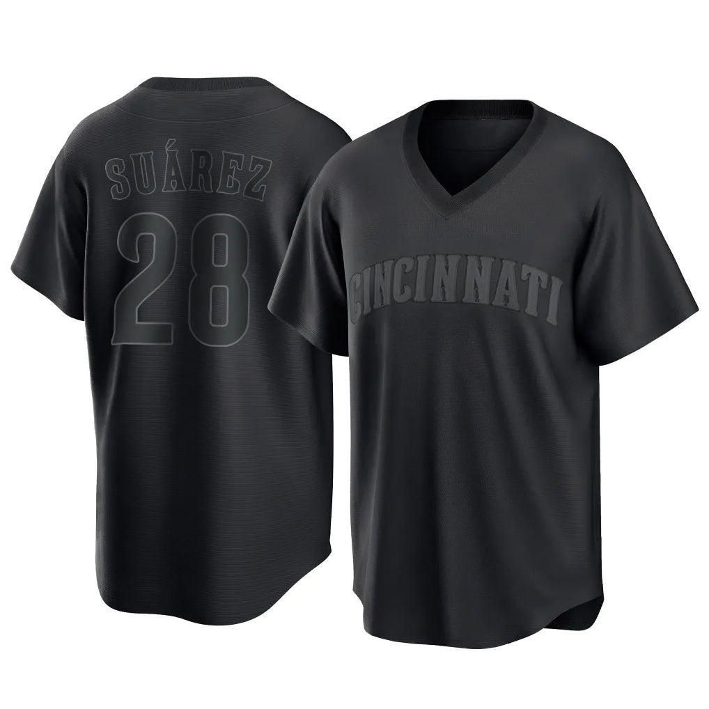 Crovyle C.Reds #28 Eugenio Su¨¢rez Player Black T-shirt Game Home Stitched Jerseys
