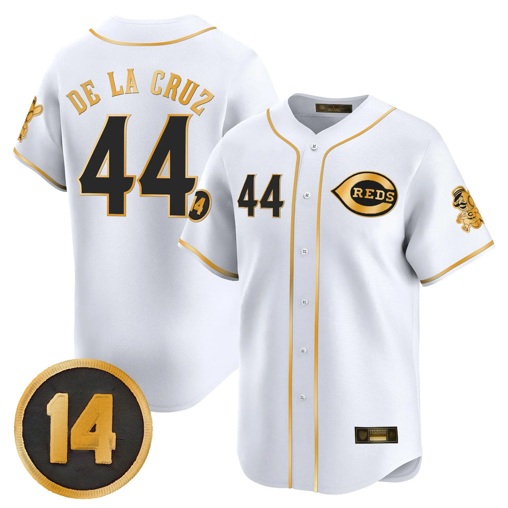 Crovyle C.Reds #44 Elly De La Cruz Player White-Gold Vapor Premier Limited Home Stitched Jerseys
