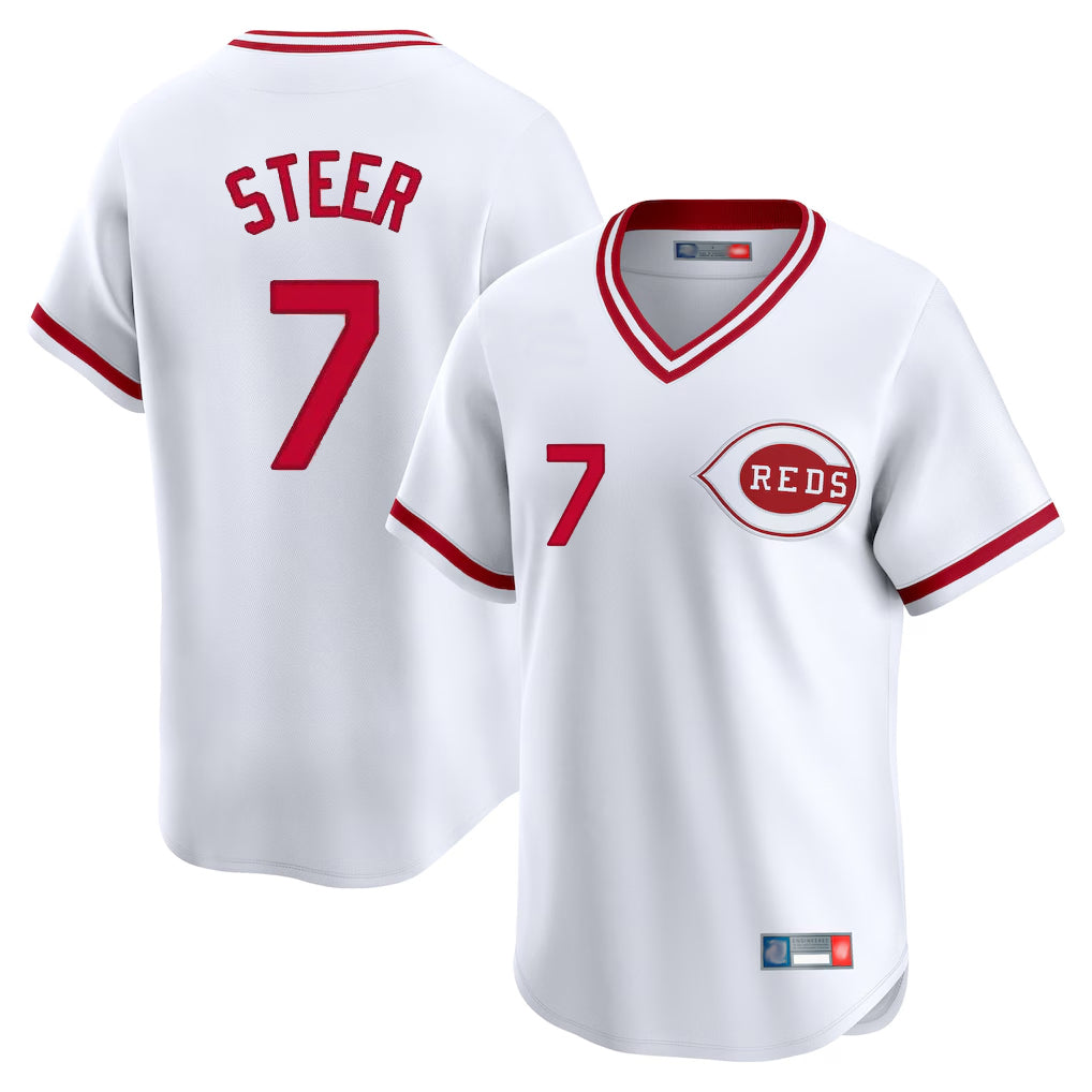 Crovyle C.Reds #7 Spencer Steer Player White Cooperstown Collection Limited T-shirt Home Stitched Jerseys