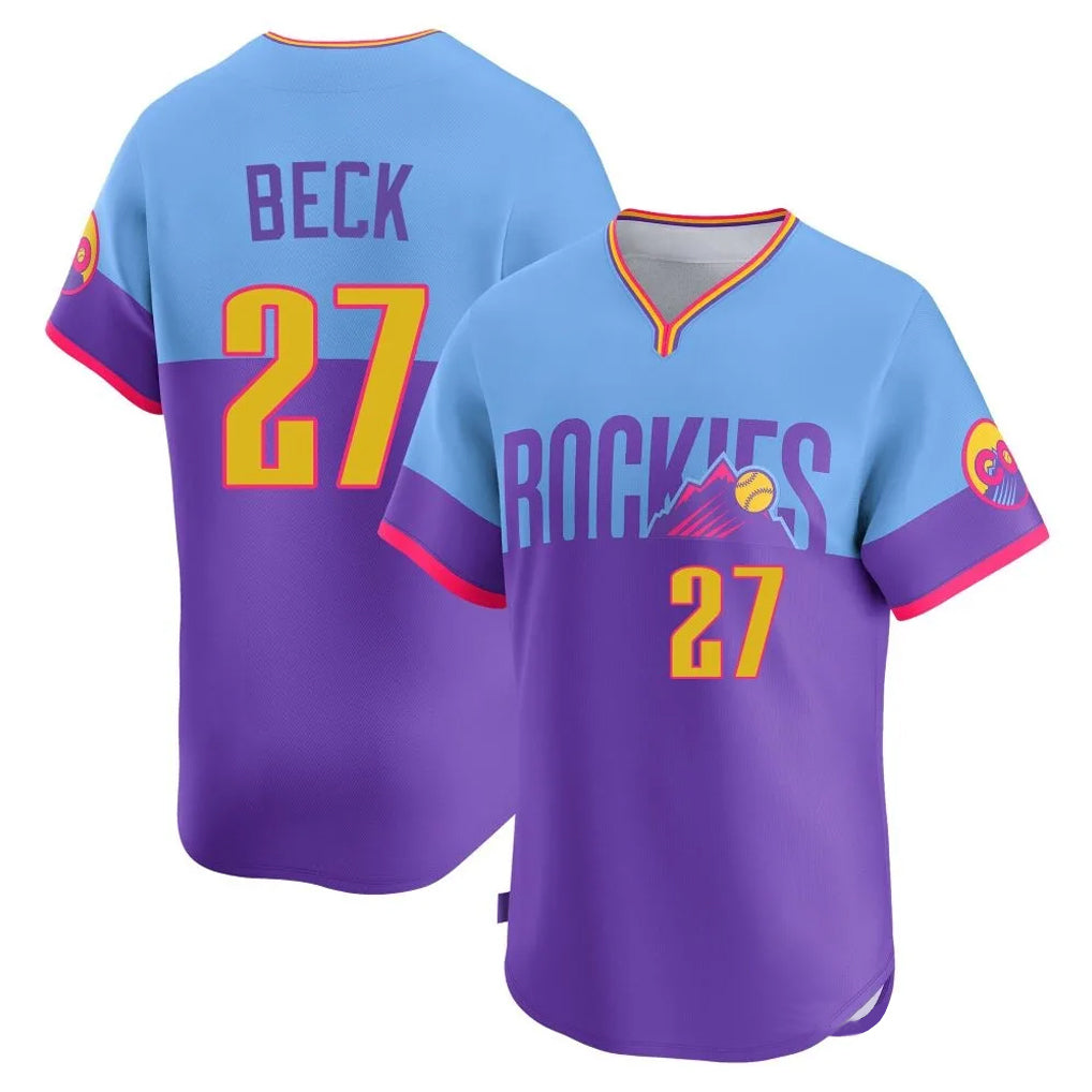 Crovyle C.Rockies #27 Jordan Beck Player Purple-Light Blue City Connect Limited Home T-shirt Stitched Jerseys