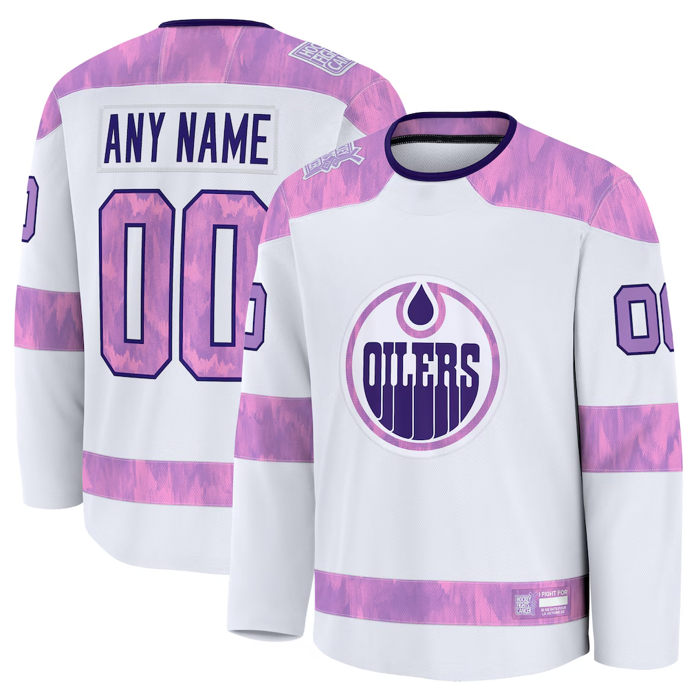 Crovyle Custom E.Oilers White 2024 Hockey Fights Cancer Practice Jerseys