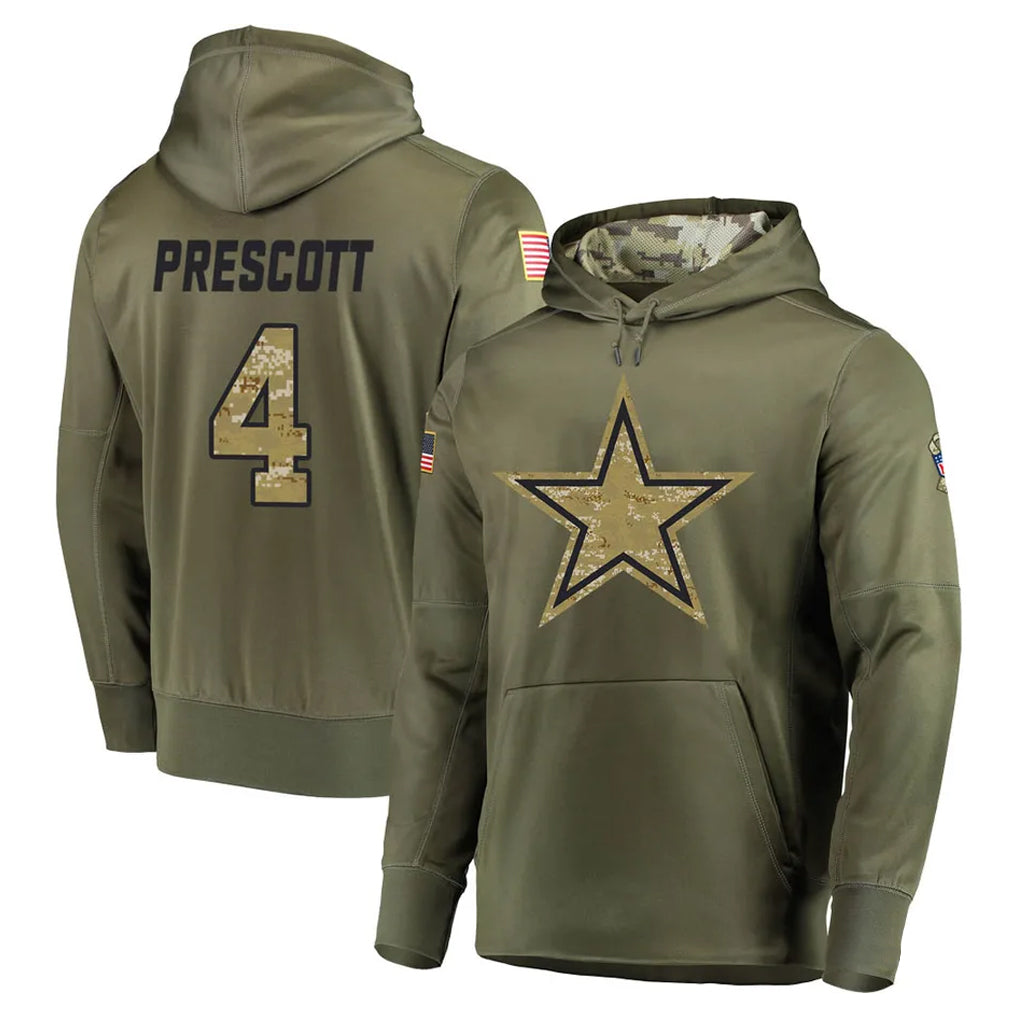 Crovyle D.Cowboys #4 Dak Prescott Player Olive Salute to Service Pullover Hoodies Home Game Stitched Jerseys