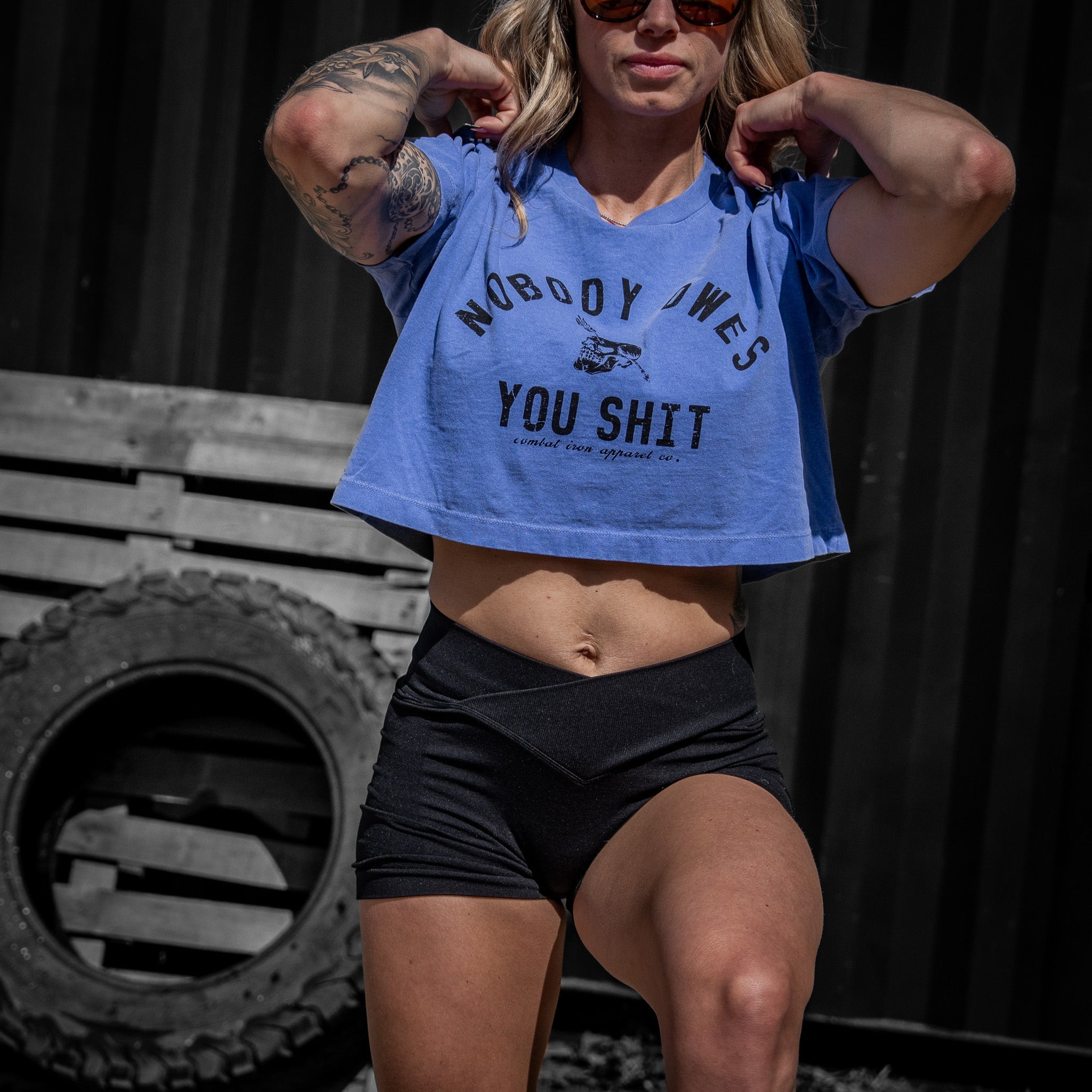 Crovyie cheap jerseys Ordering Nobody Owes You Shit Skull Women's Crop Heavyweight Tee